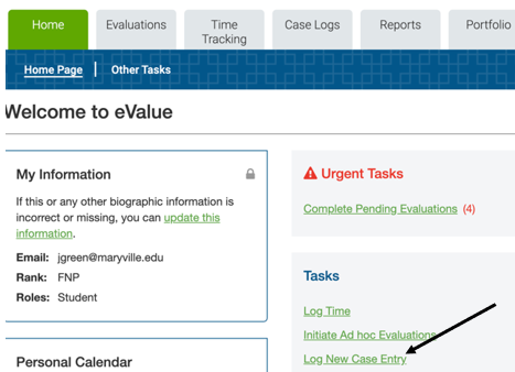 Screenshot of selecting Log new case entry