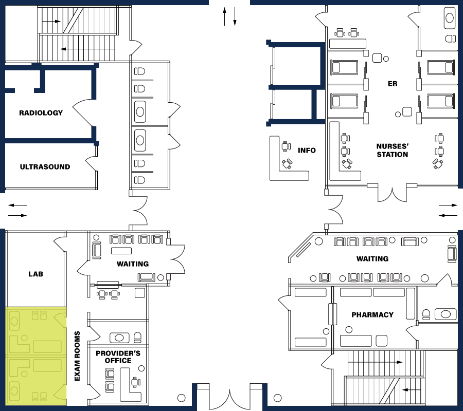 Hospital floor plan Exam Room highlighted