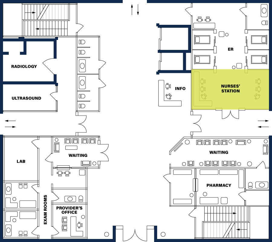 Hospital floor plan Nurse's Station highlighted