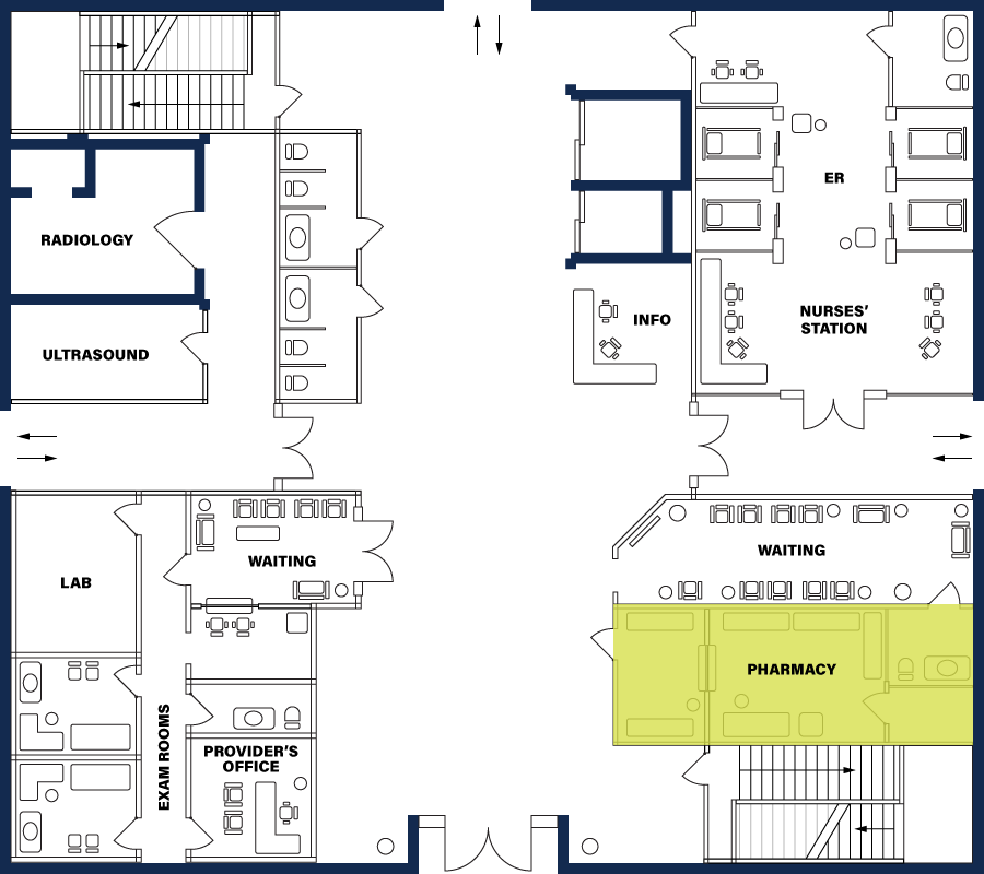 Hospital floor plan The Pharmacy highlighted