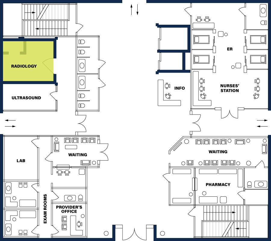 Hospital floor plan Radioglogy highlighted