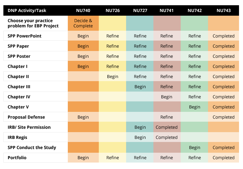 activities and tasks within each course and their progression through
                        the DNP program