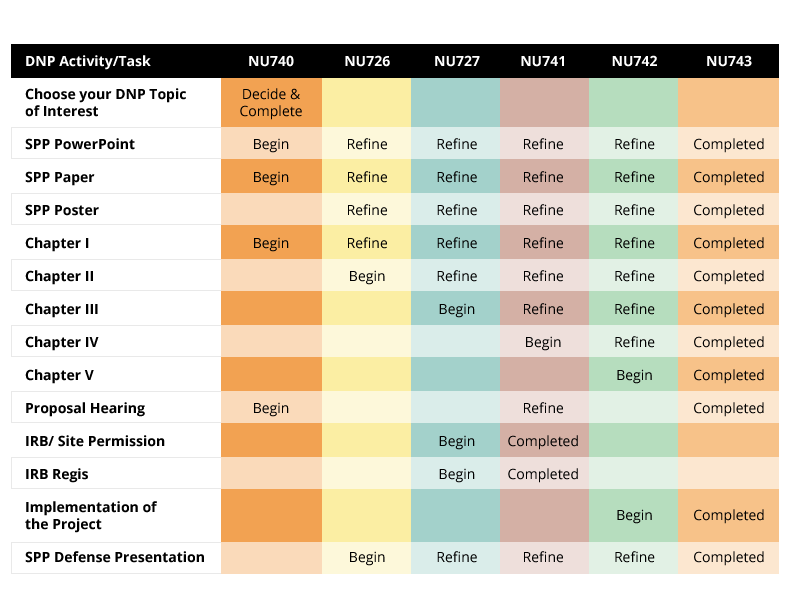 activities and tasks within each course and their progression through
                        the DNP program