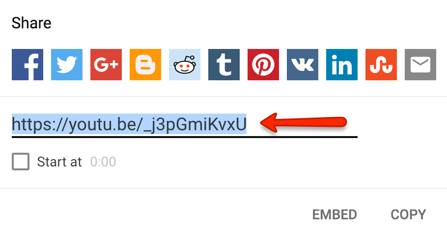 image of an http YouTube address link that has been highlighted for selection with embed and copy options showing
