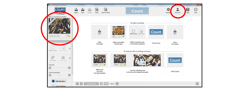 Screenshot of selecting Open in the upper left in Windows CountThings.