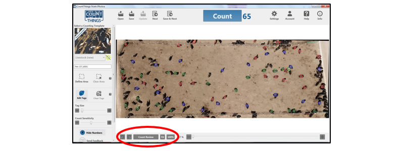 Screenshot of selecting the tag size and count sensitivity scale to the left of the counting image in Windows CountThings.