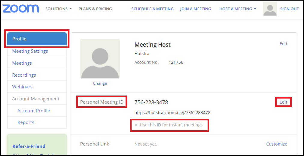 Image of Zoom main profile page show personal meeting id, phone number and account number