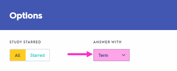 Image of Quizlet menu highlighting the drop down menu to choose Term while in gravity mode