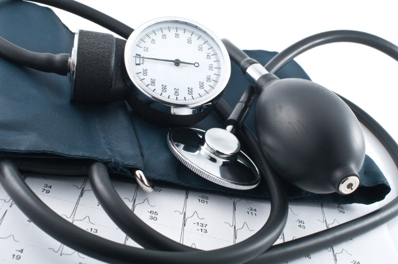 Medical manometer, stethoscope and cardiogram.