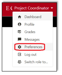 Regis Myonline Moodle menu pull down from a user's profile with Preferences circled.